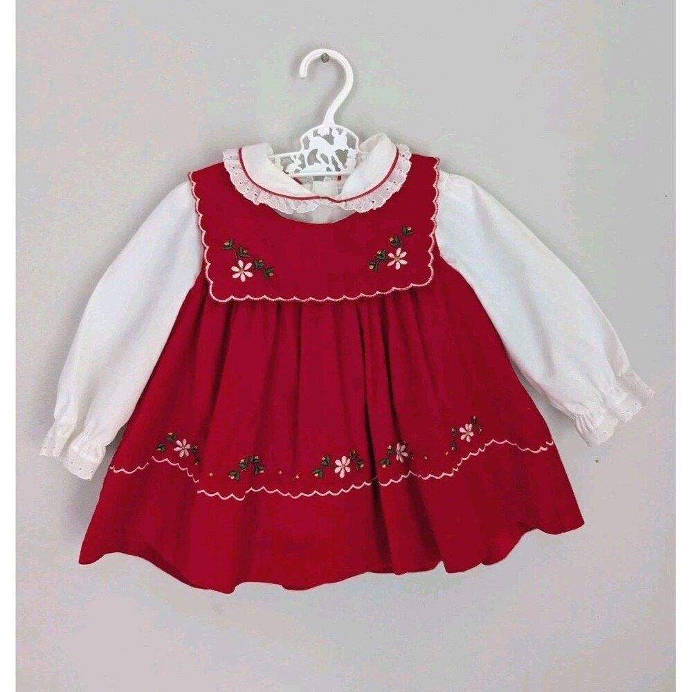 Vintage Baby Girl Red Velveteen Pinafore Dress Blouse Set 12 Months Embroidered